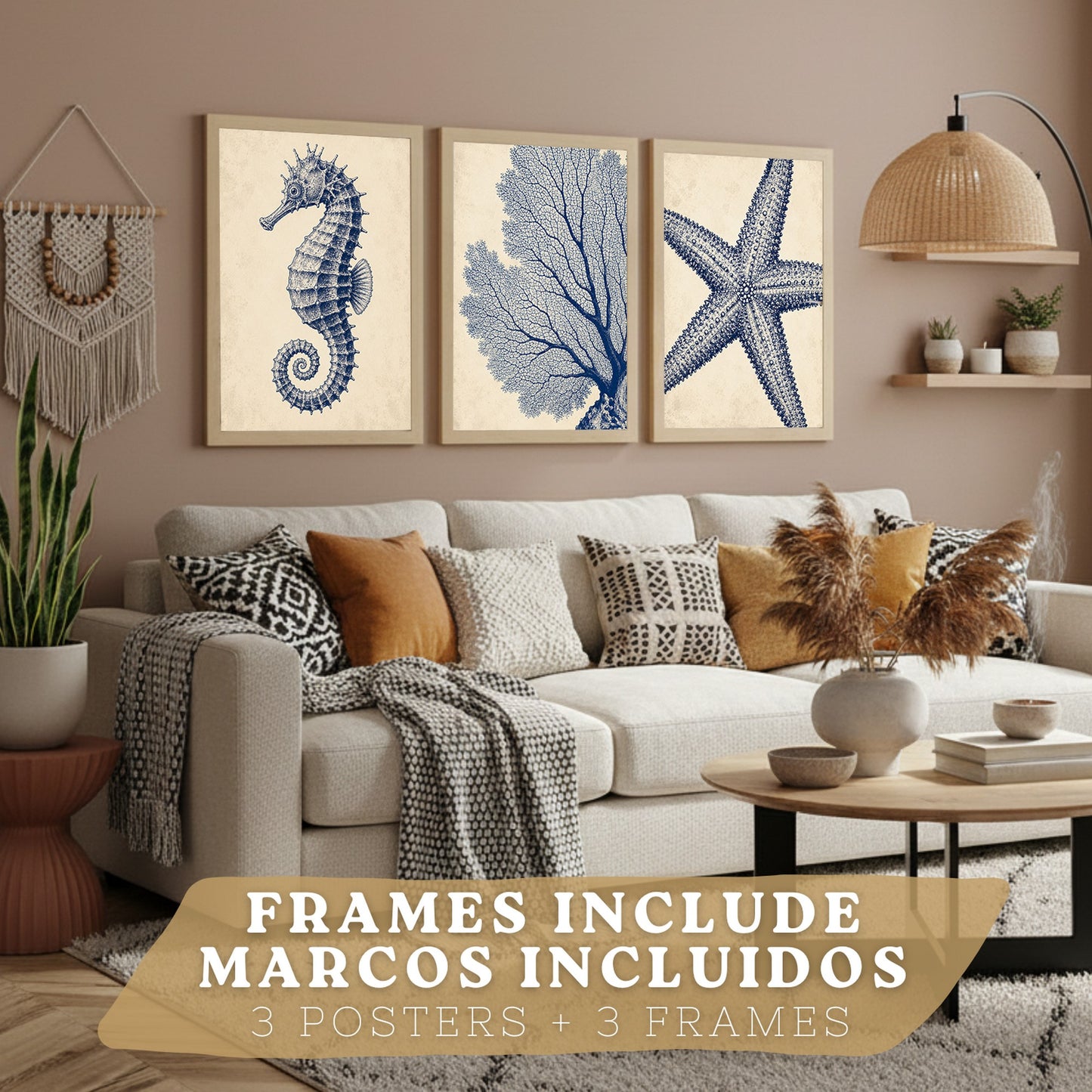 Posters de Azul Costero con Caballito de Mar, Coral y Estrella de Mar