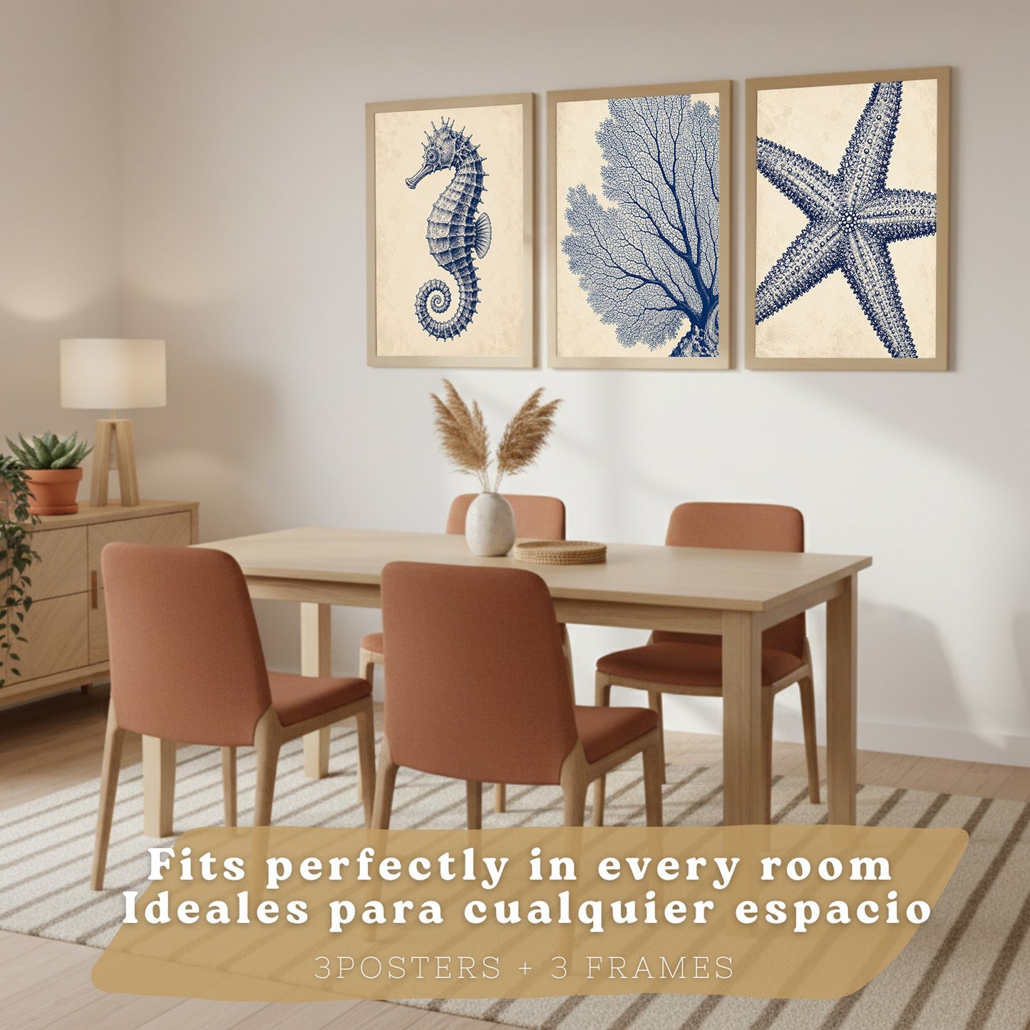 Posters de Azul Costero con Caballito de Mar, Coral y Estrella de Mar