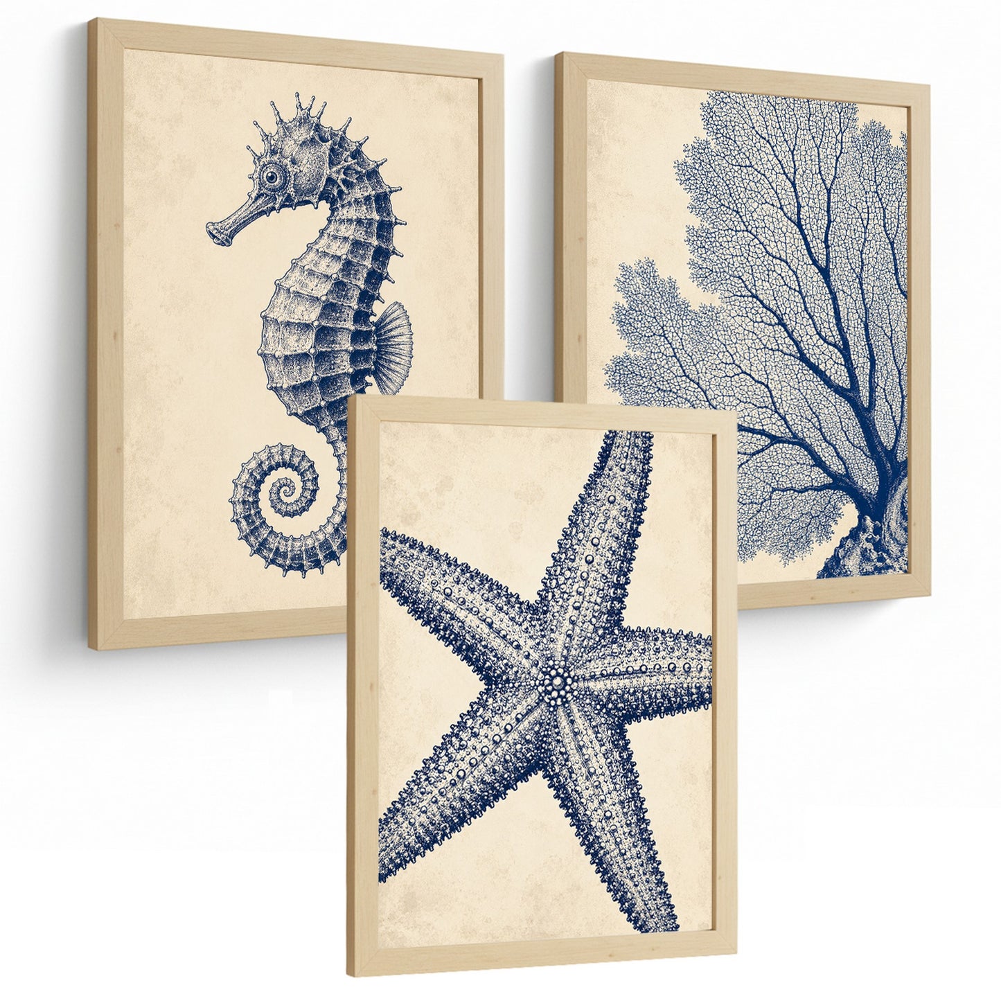 Posters de Azul Costero con Caballito de Mar, Coral y Estrella de Mar