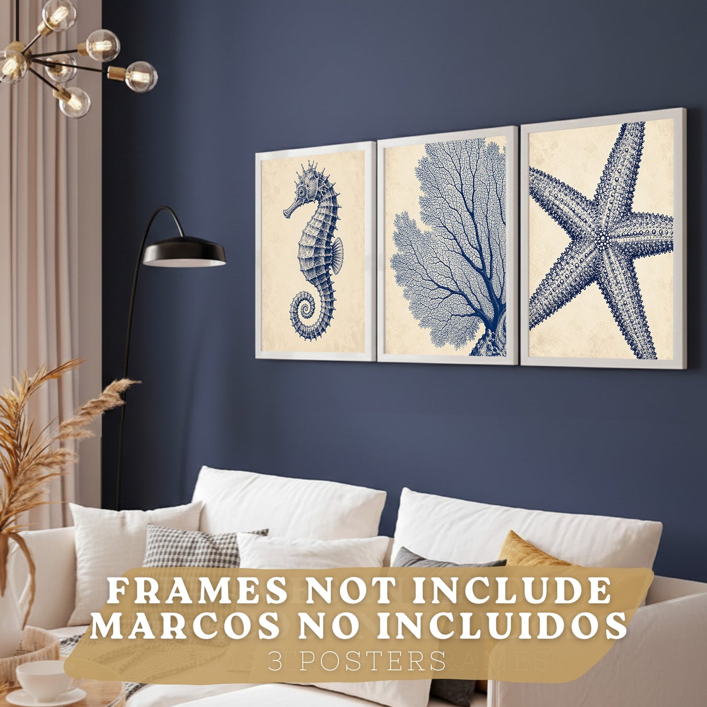 Posters de Azul Costero con Caballito de Mar, Coral y Estrella de Mar