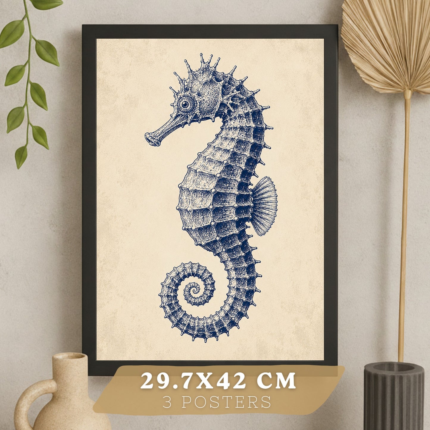 Posters de Azul Costero con Caballito de Mar, Coral y Estrella de Mar