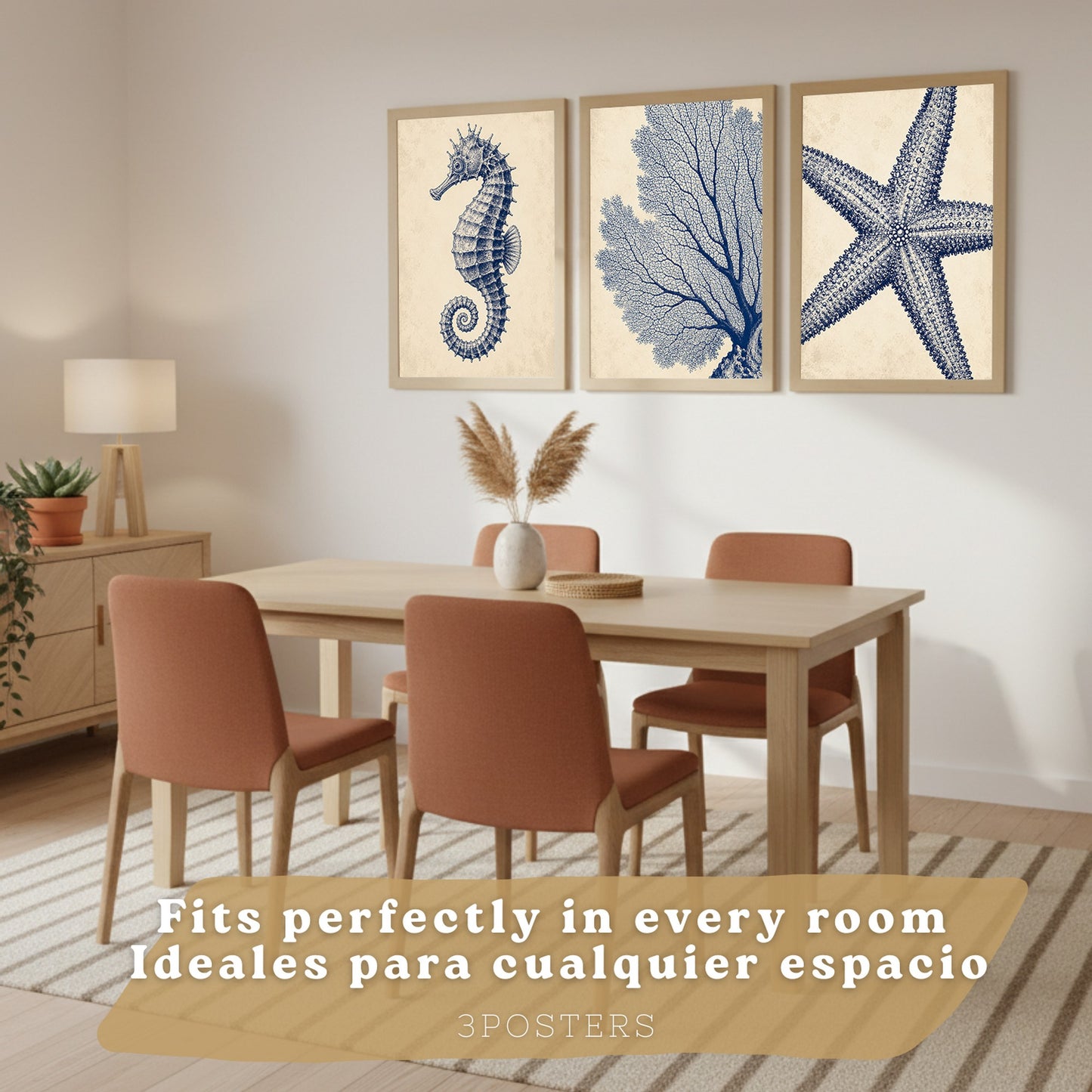 Posters de Azul Costero con Caballito de Mar, Coral y Estrella de Mar