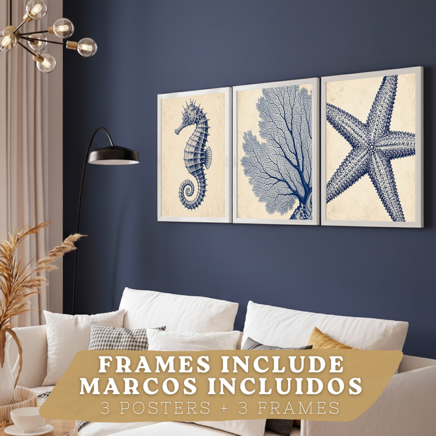 Posters de Azul Costero con Caballito de Mar, Coral y Estrella de Mar