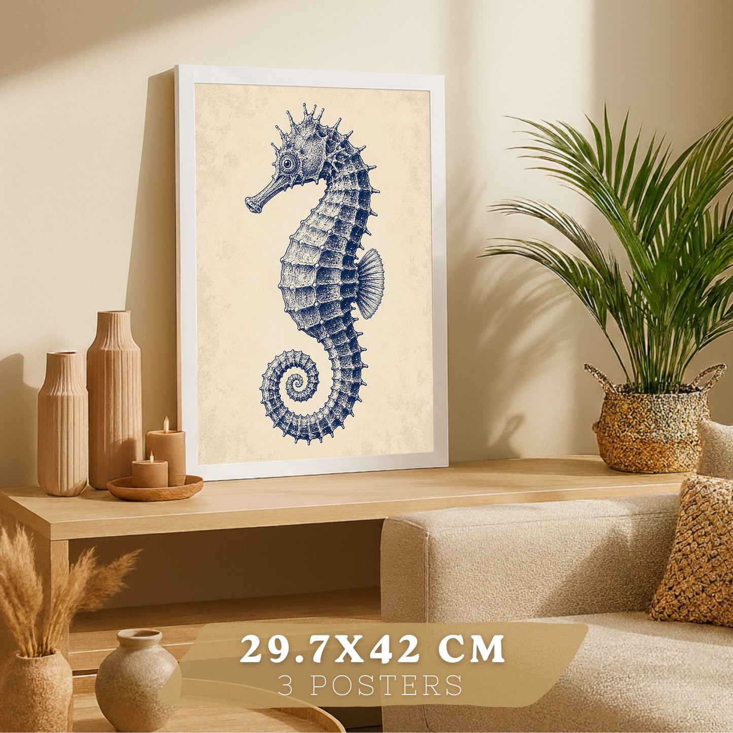 Posters de Azul Costero con Caballito de Mar, Coral y Estrella de Mar