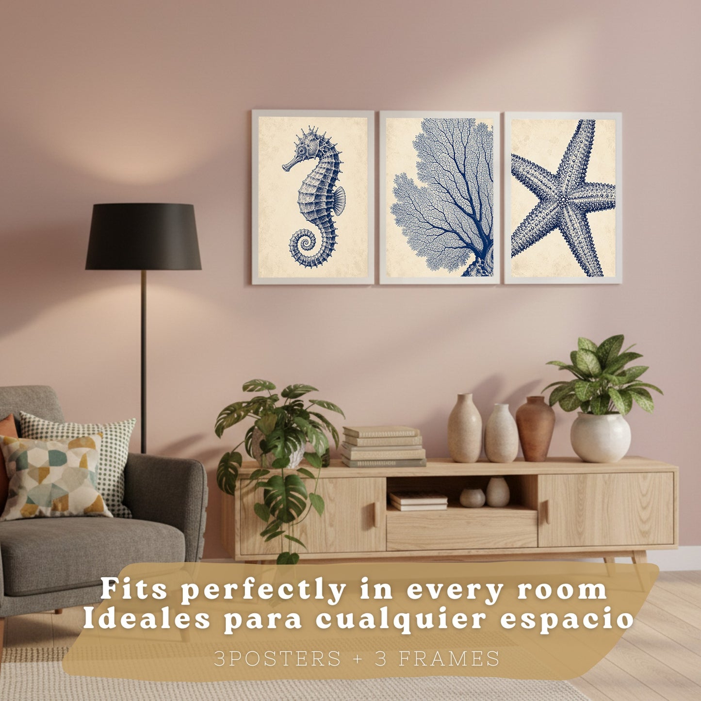 Posters de Azul Costero con Caballito de Mar, Coral y Estrella de Mar