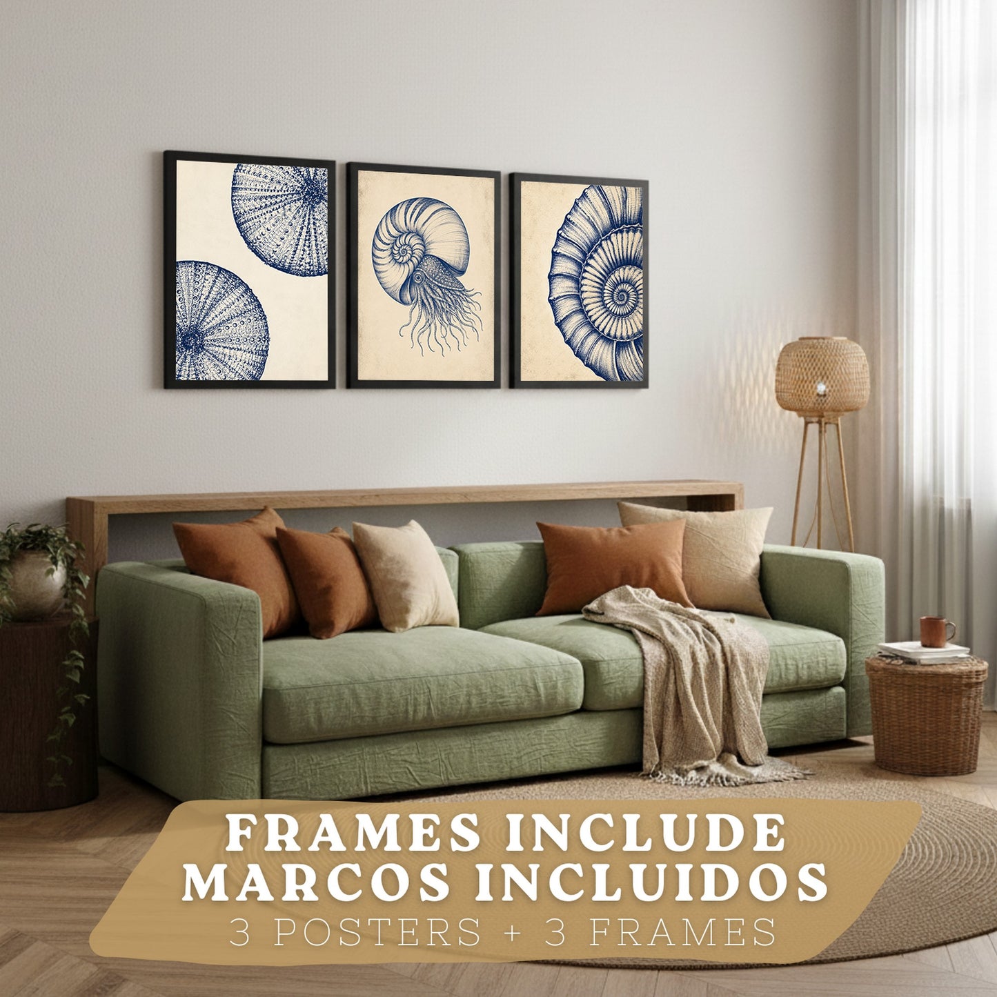 Posters de Arte Azul Costero con Arte de Nautilus y Conchas Marinas