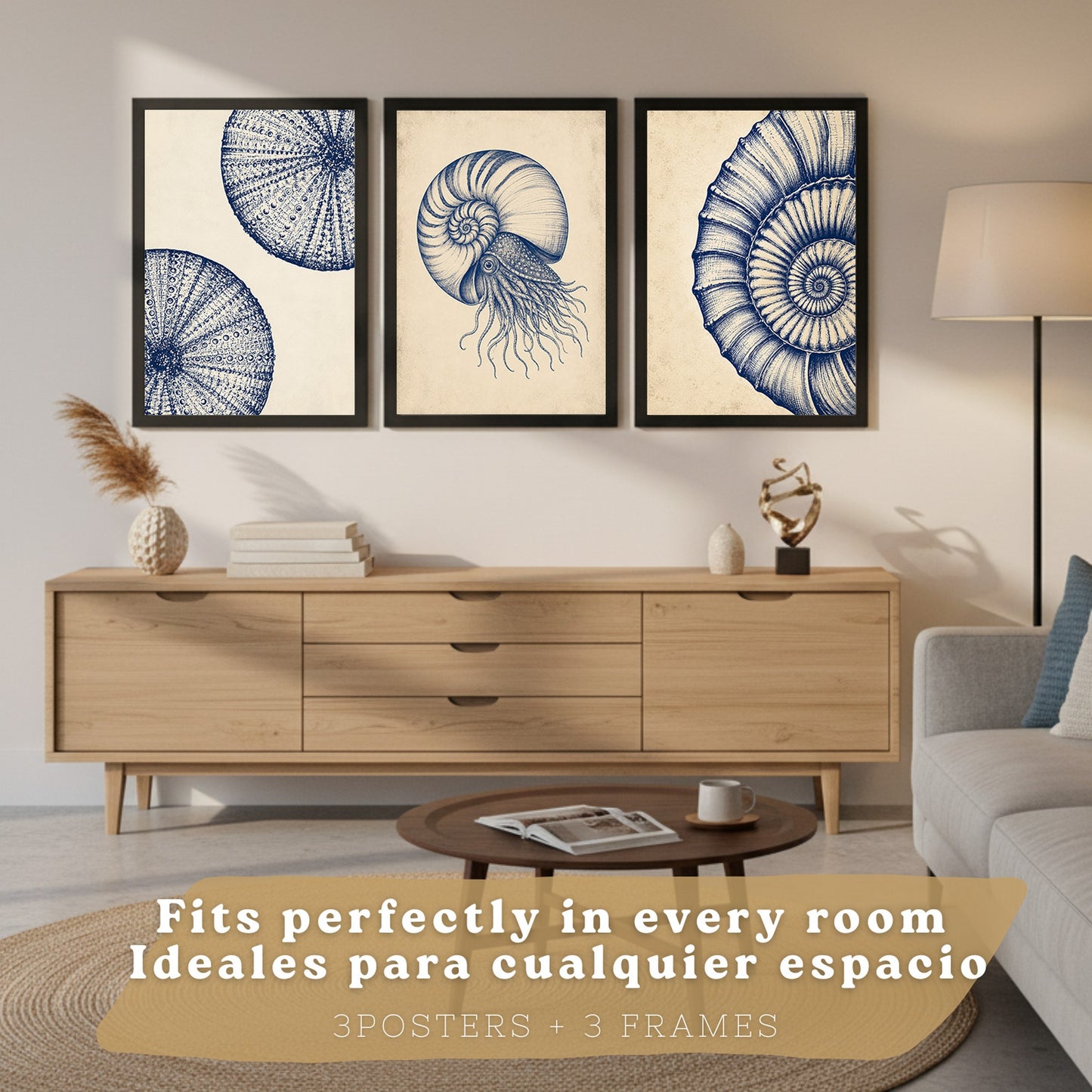 Posters de Arte Azul Costero con Arte de Nautilus y Conchas Marinas