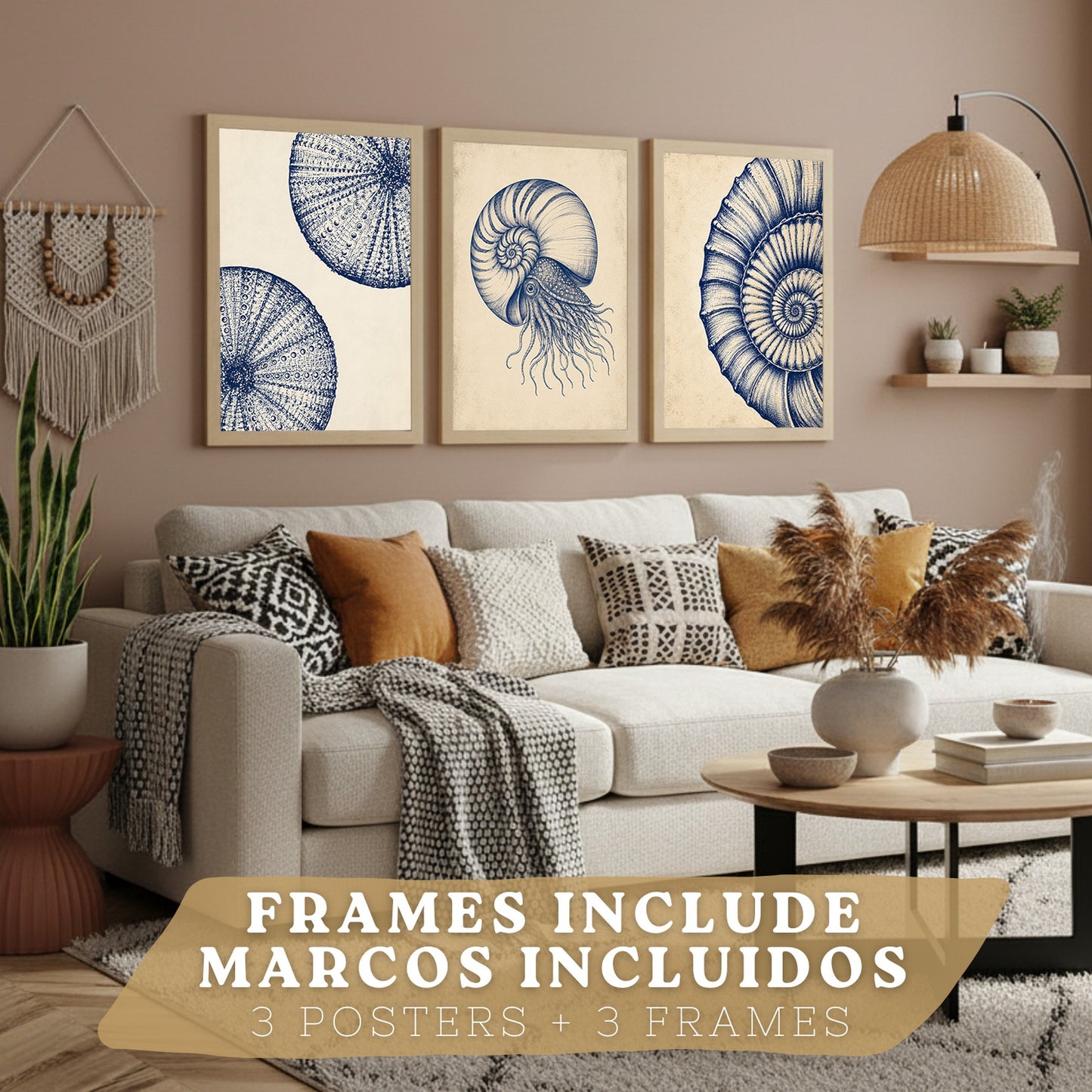 Posters de Arte Azul Costero con Arte de Nautilus y Conchas Marinas