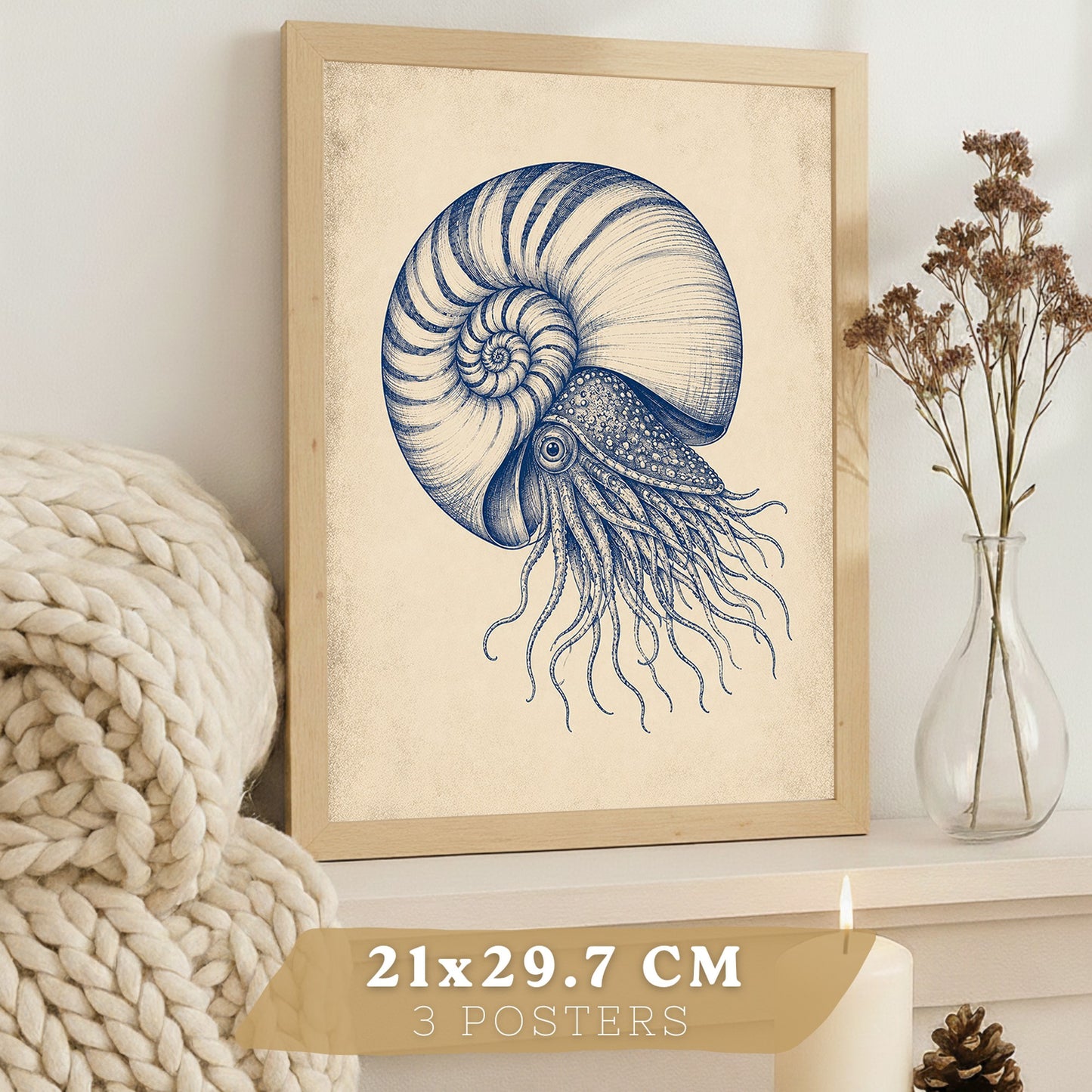 Posters de Arte Azul Costero con Arte de Nautilus y Conchas Marinas