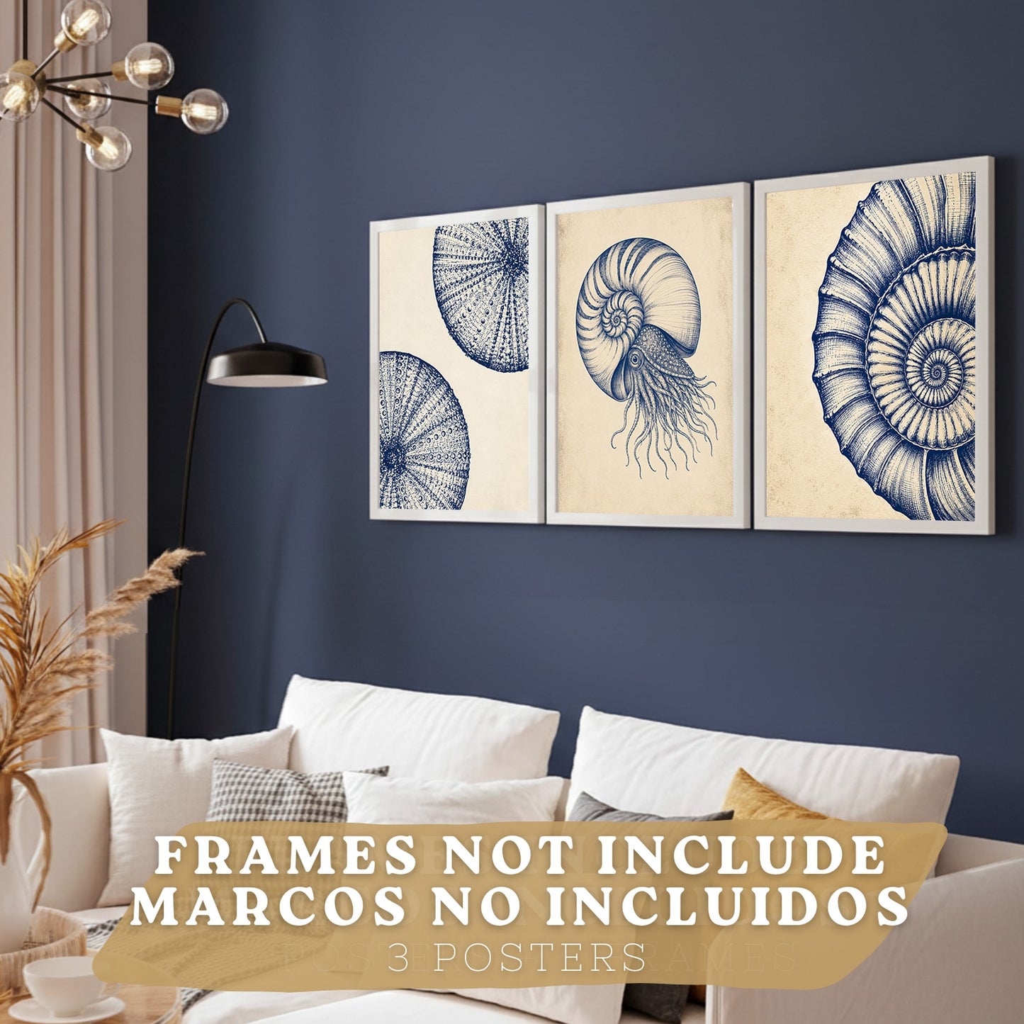 Posters de Arte Azul Costero con Arte de Nautilus y Conchas Marinas