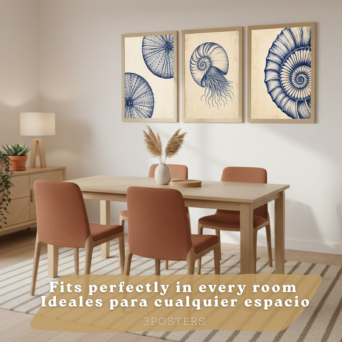 Posters de Arte Azul Costero con Arte de Nautilus y Conchas Marinas