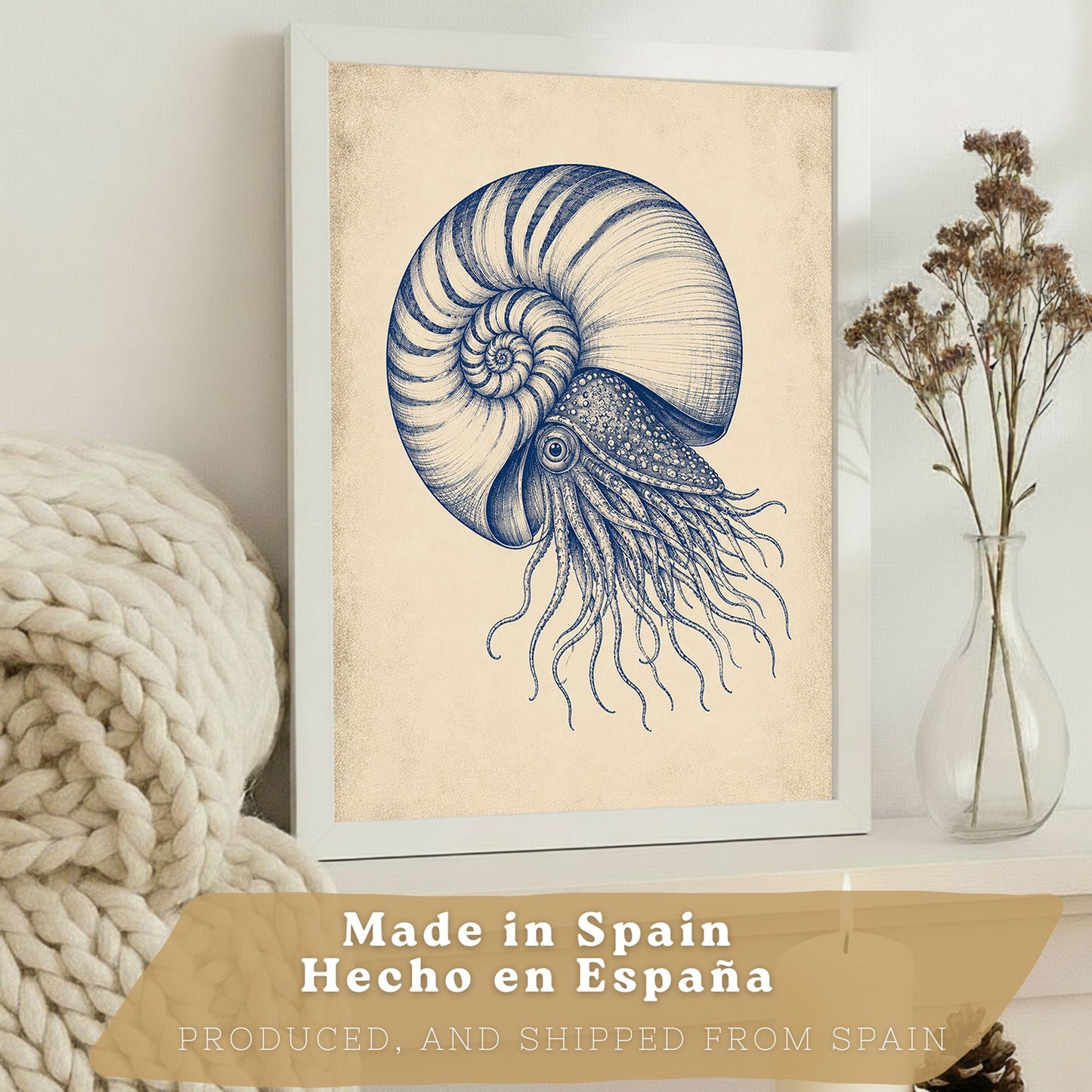 Posters de Arte Azul Costero con Arte de Nautilus y Conchas Marinas