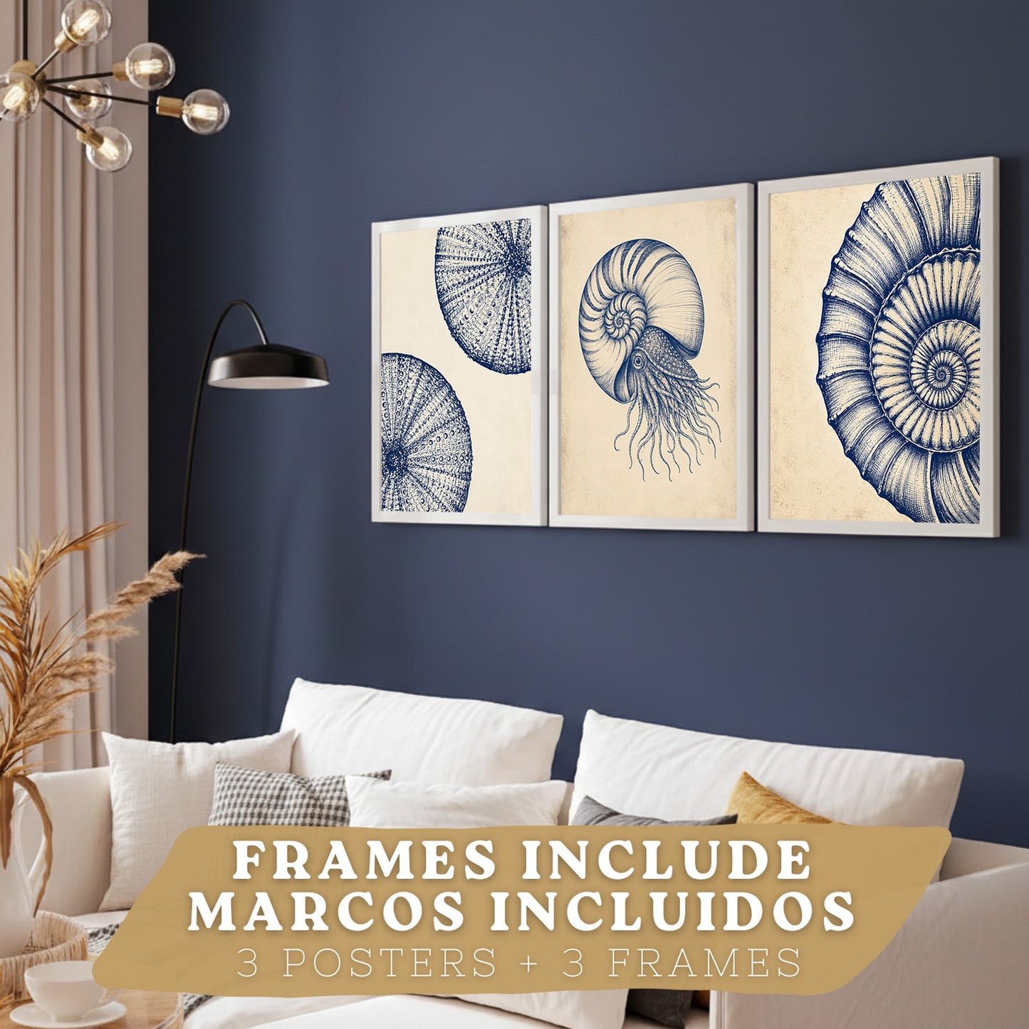 Posters de Arte Azul Costero con Arte de Nautilus y Conchas Marinas