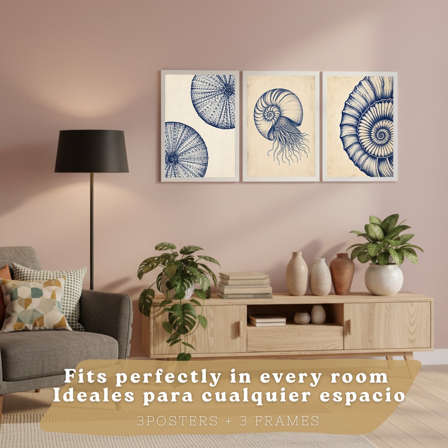Posters de Arte Azul Costero con Arte de Nautilus y Conchas Marinas