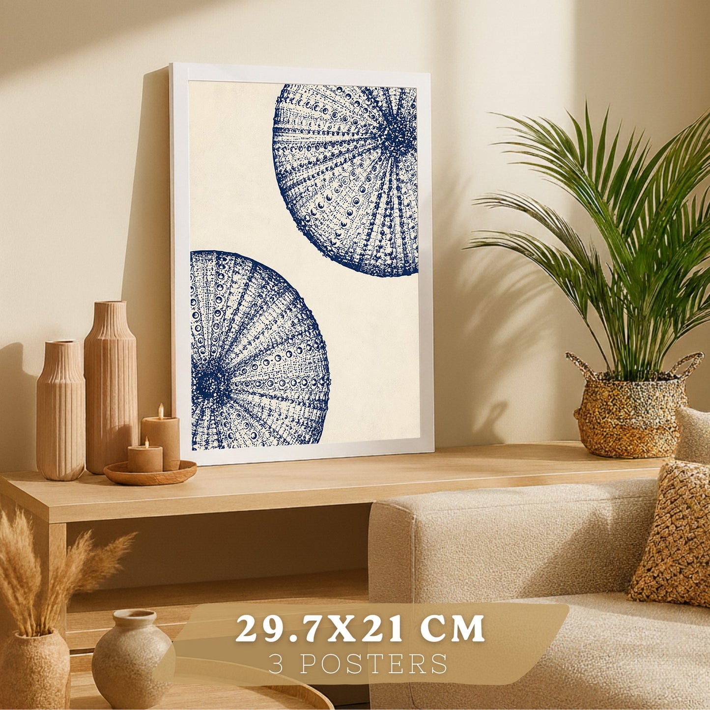 Posters de Arte Azul Costero con Arte de Nautilus y Conchas Marinas