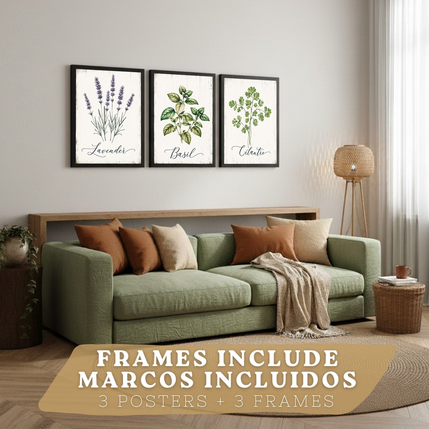 Posters Botánicos de Hierbas con Arte de Lavanda, Albahaca y Perejil