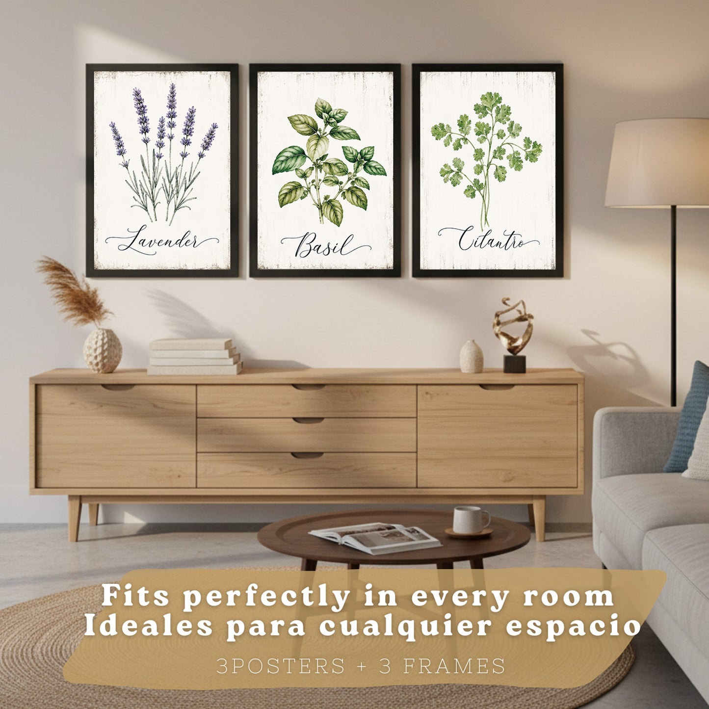 Posters Botánicos de Hierbas con Arte de Lavanda, Albahaca y Perejil