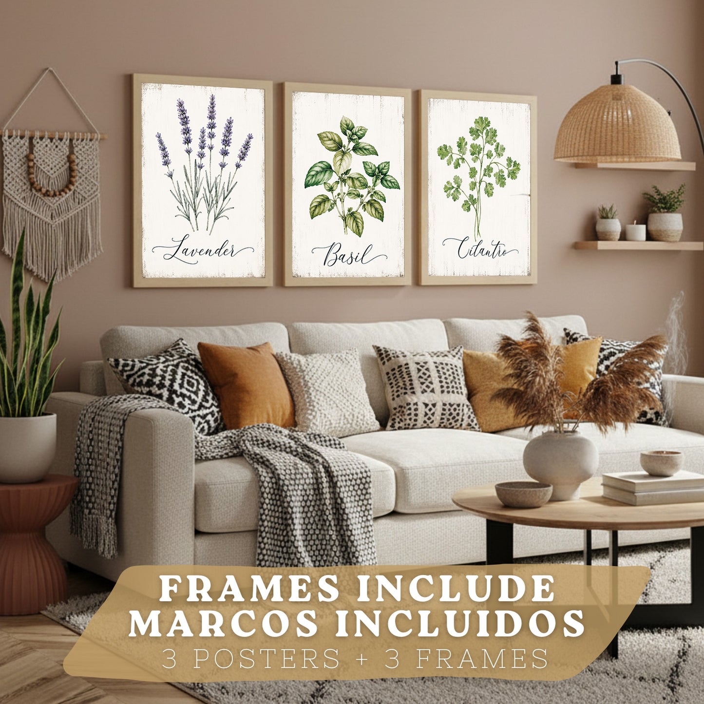 Posters Botánicos de Hierbas con Arte de Lavanda, Albahaca y Perejil