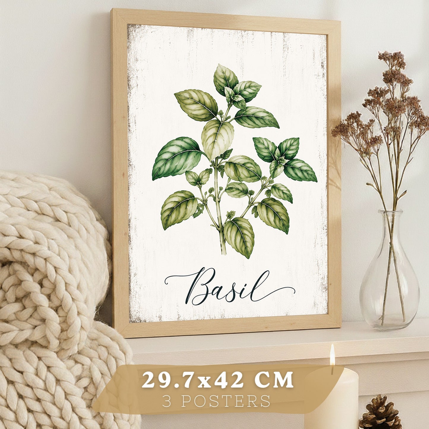 Posters Botánicos de Hierbas con Arte de Lavanda, Albahaca y Perejil