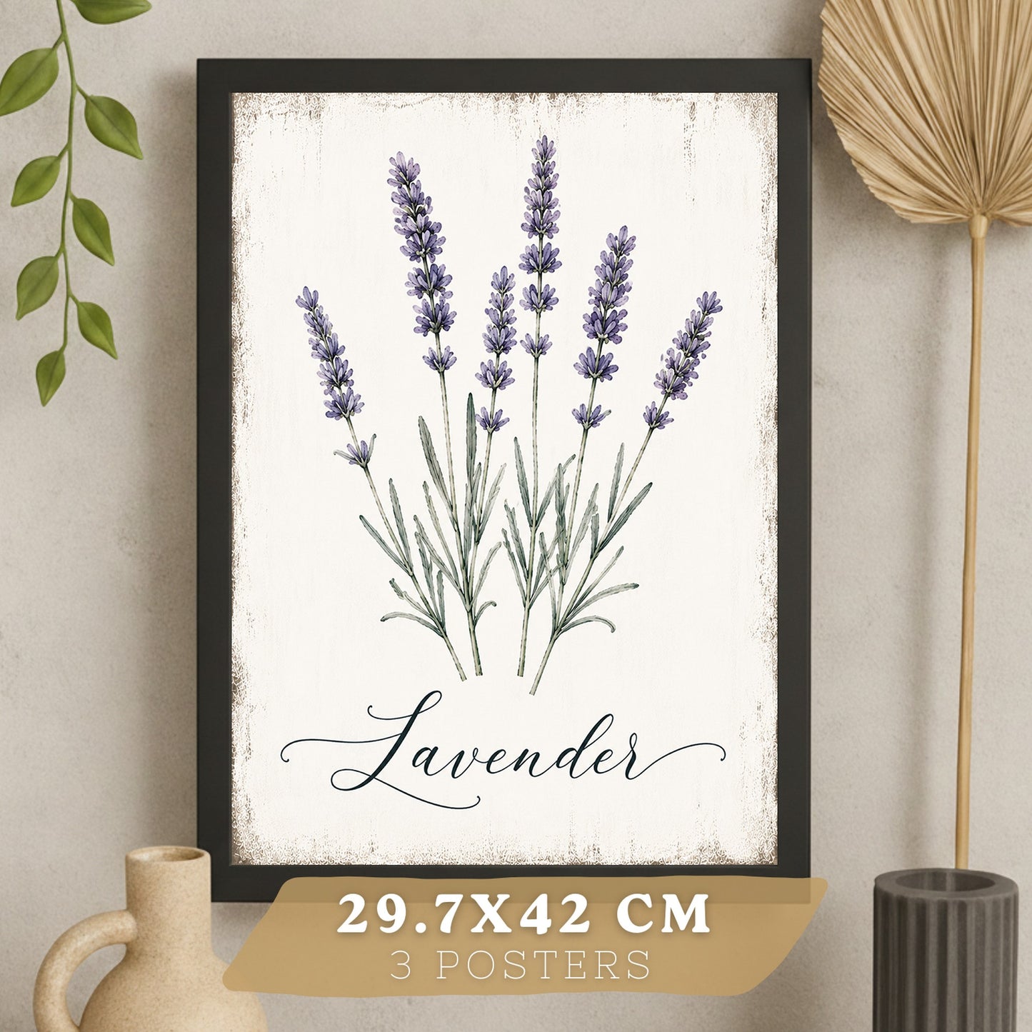 Posters Botánicos de Hierbas con Arte de Lavanda, Albahaca y Perejil