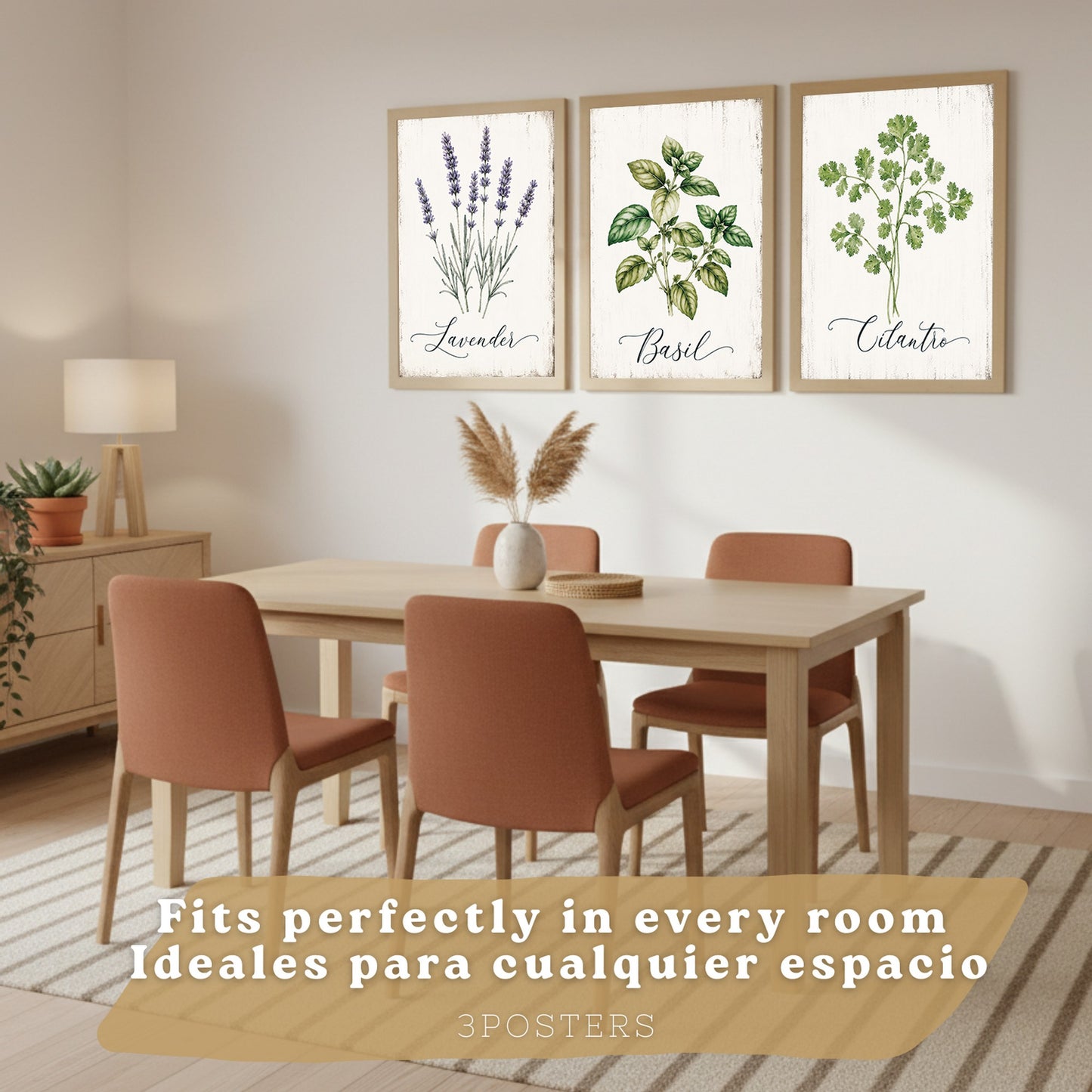 Posters Botánicos de Hierbas con Arte de Lavanda, Albahaca y Perejil