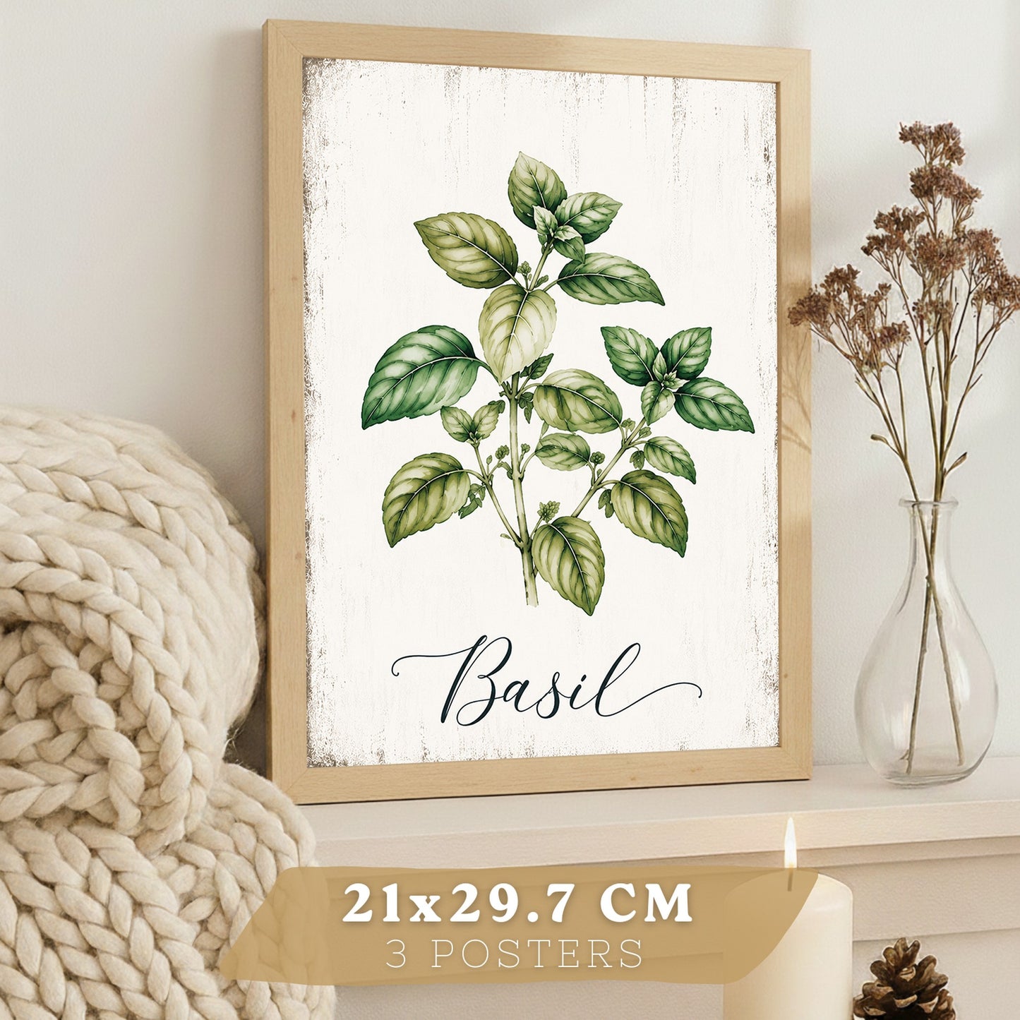 Posters Botánicos de Hierbas con Arte de Lavanda, Albahaca y Perejil
