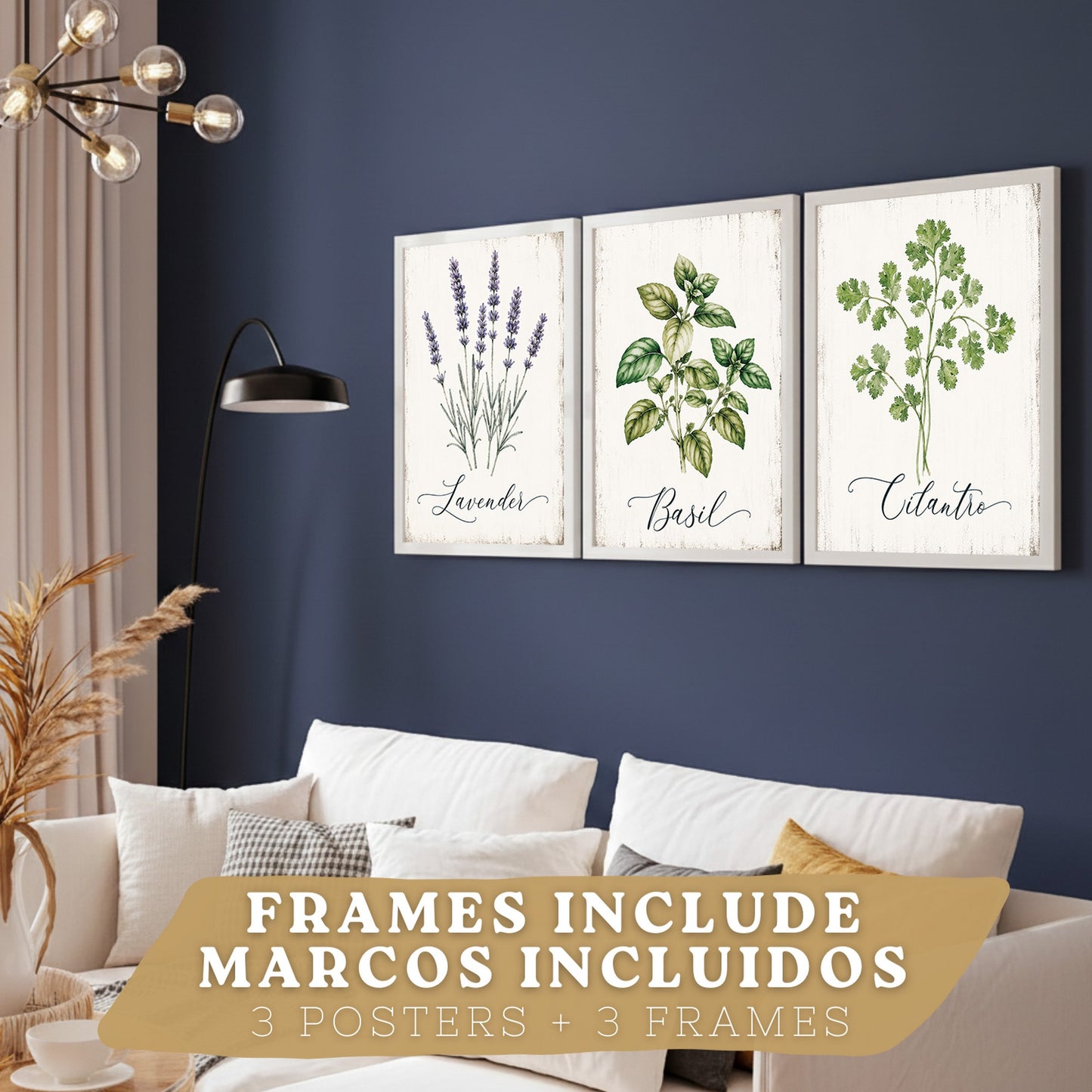 Posters Botánicos de Hierbas con Arte de Lavanda, Albahaca y Perejil