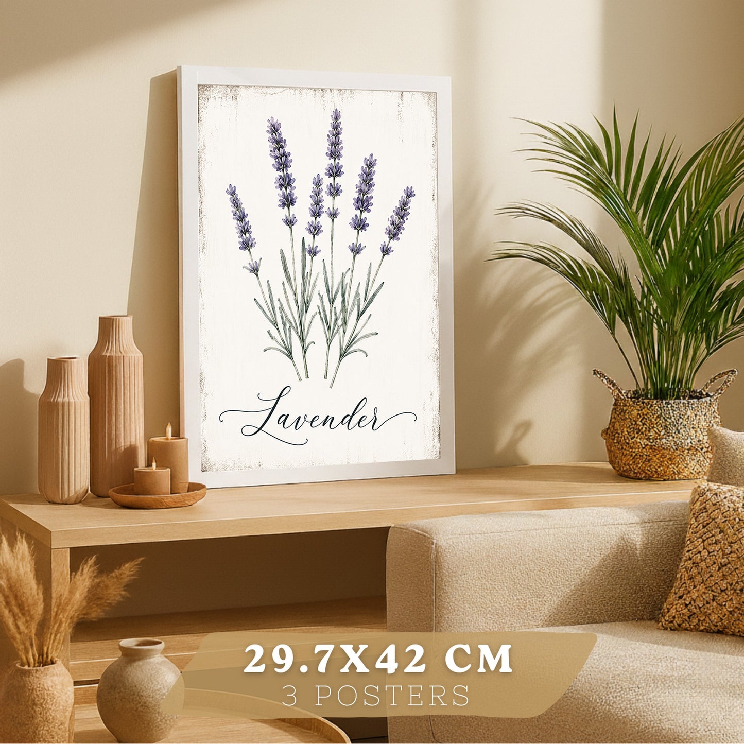 Posters Botánicos de Hierbas con Arte de Lavanda, Albahaca y Perejil
