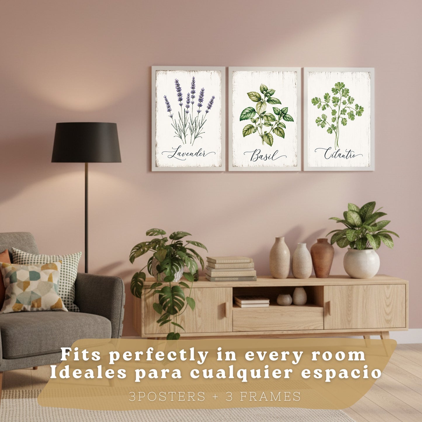 Posters Botánicos de Hierbas con Arte de Lavanda, Albahaca y Perejil