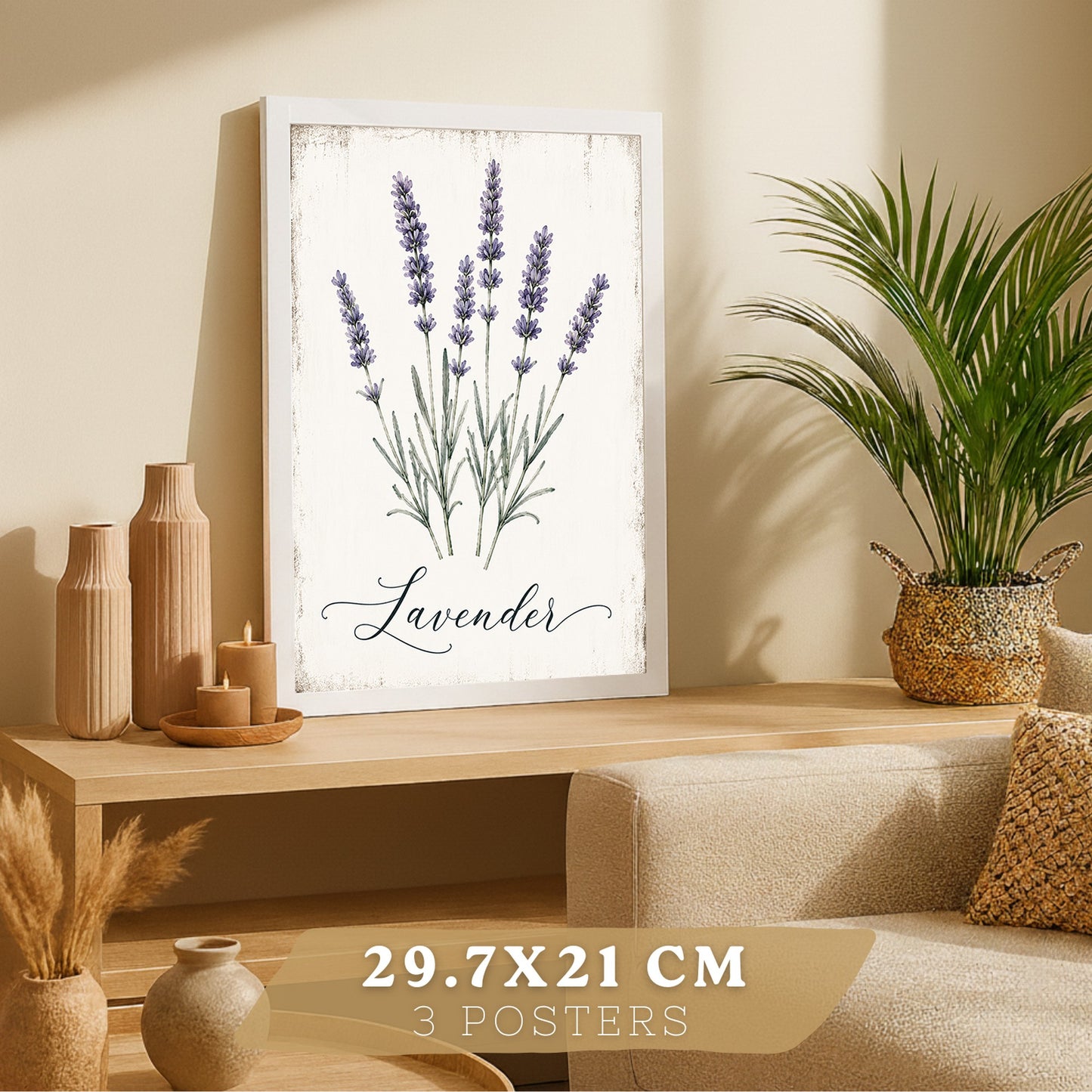 Posters Botánicos de Hierbas con Arte de Lavanda, Albahaca y Perejil