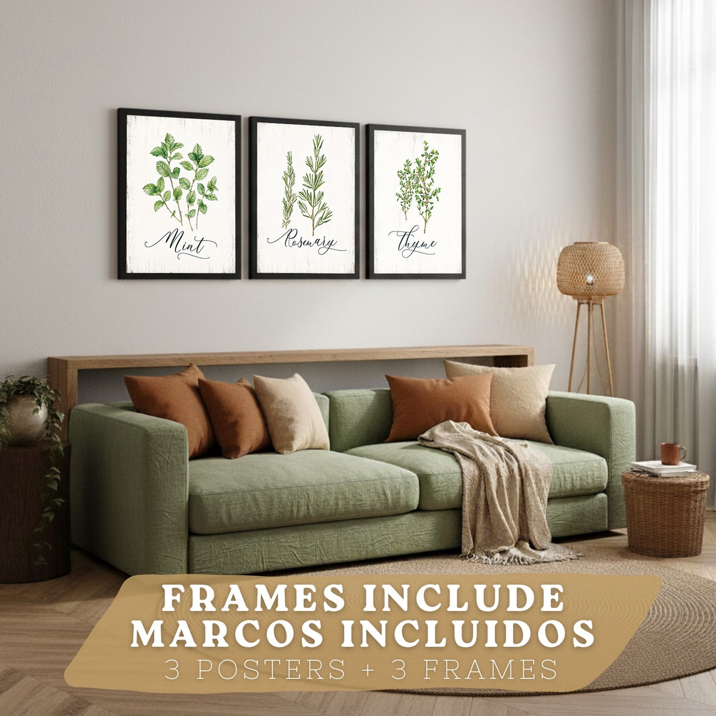 Posters Botánicos de Hierbas con Arte de Menta, Romero y Tomillo