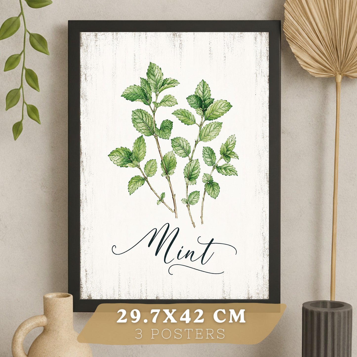 Posters Botánicos de Hierbas con Arte de Menta, Romero y Tomillo