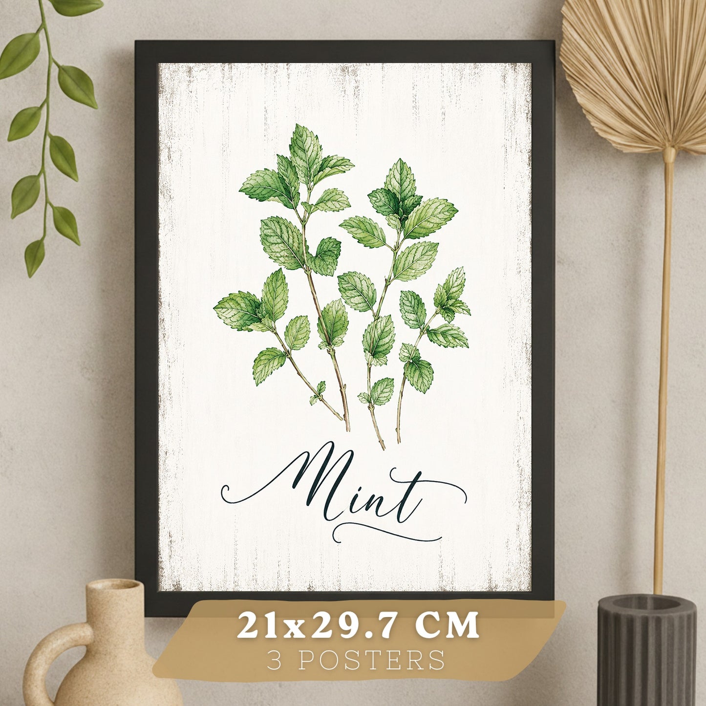Posters Botánicos de Hierbas con Arte de Menta, Romero y Tomillo