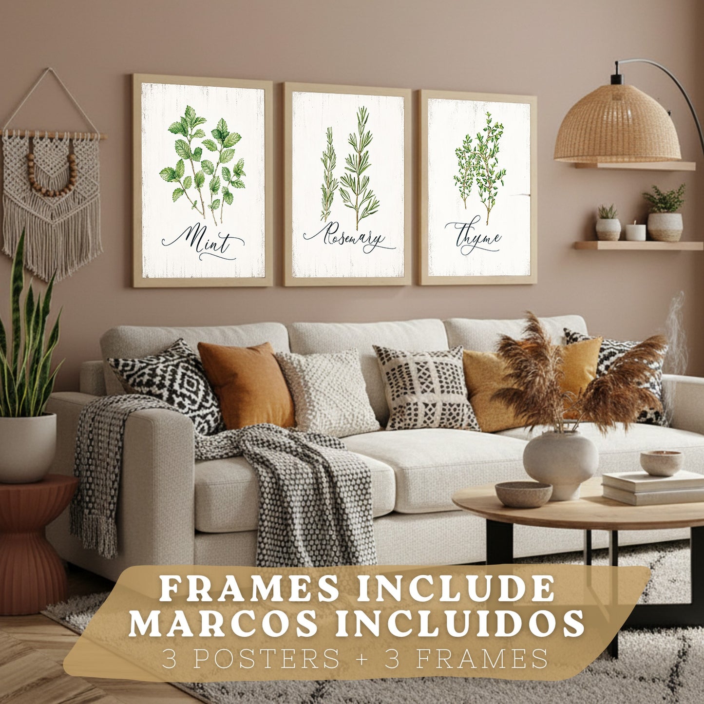 Posters Botánicos de Hierbas con Arte de Menta, Romero y Tomillo