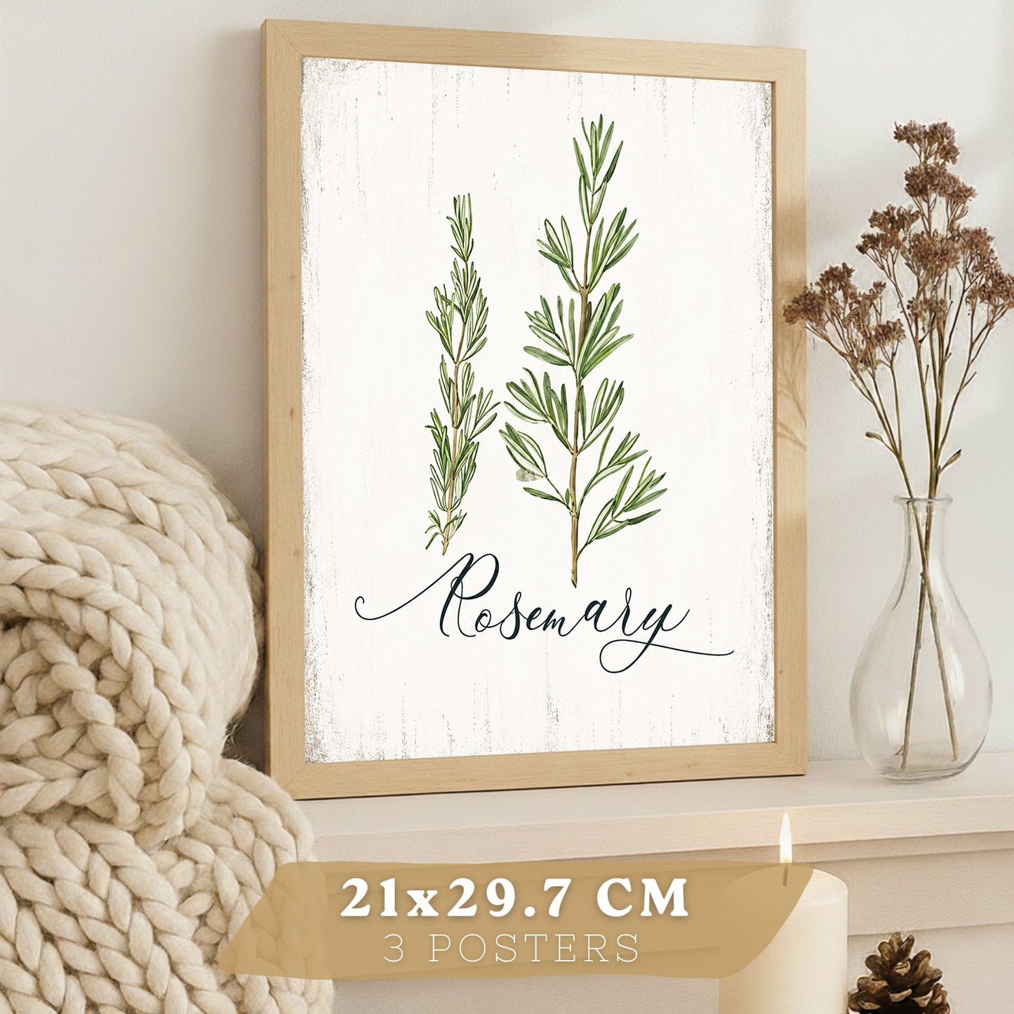 Posters Botánicos de Hierbas con Arte de Menta, Romero y Tomillo