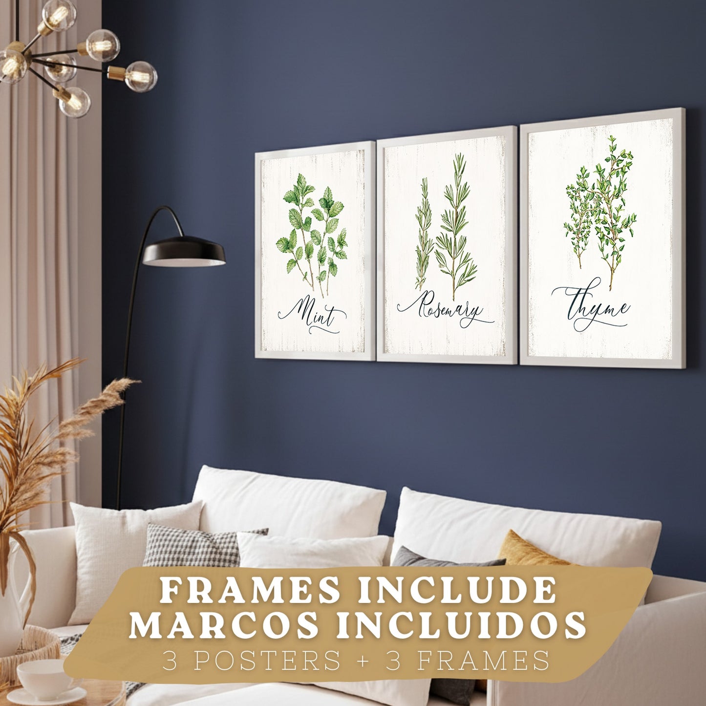 Posters Botánicos de Hierbas con Arte de Menta, Romero y Tomillo