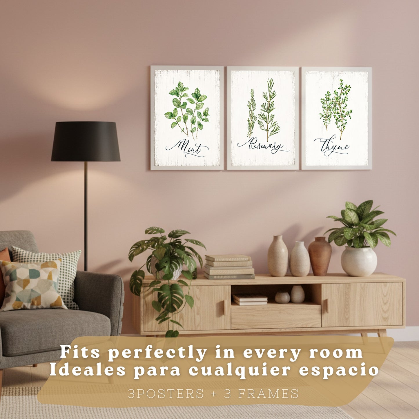 Posters Botánicos de Hierbas con Arte de Menta, Romero y Tomillo