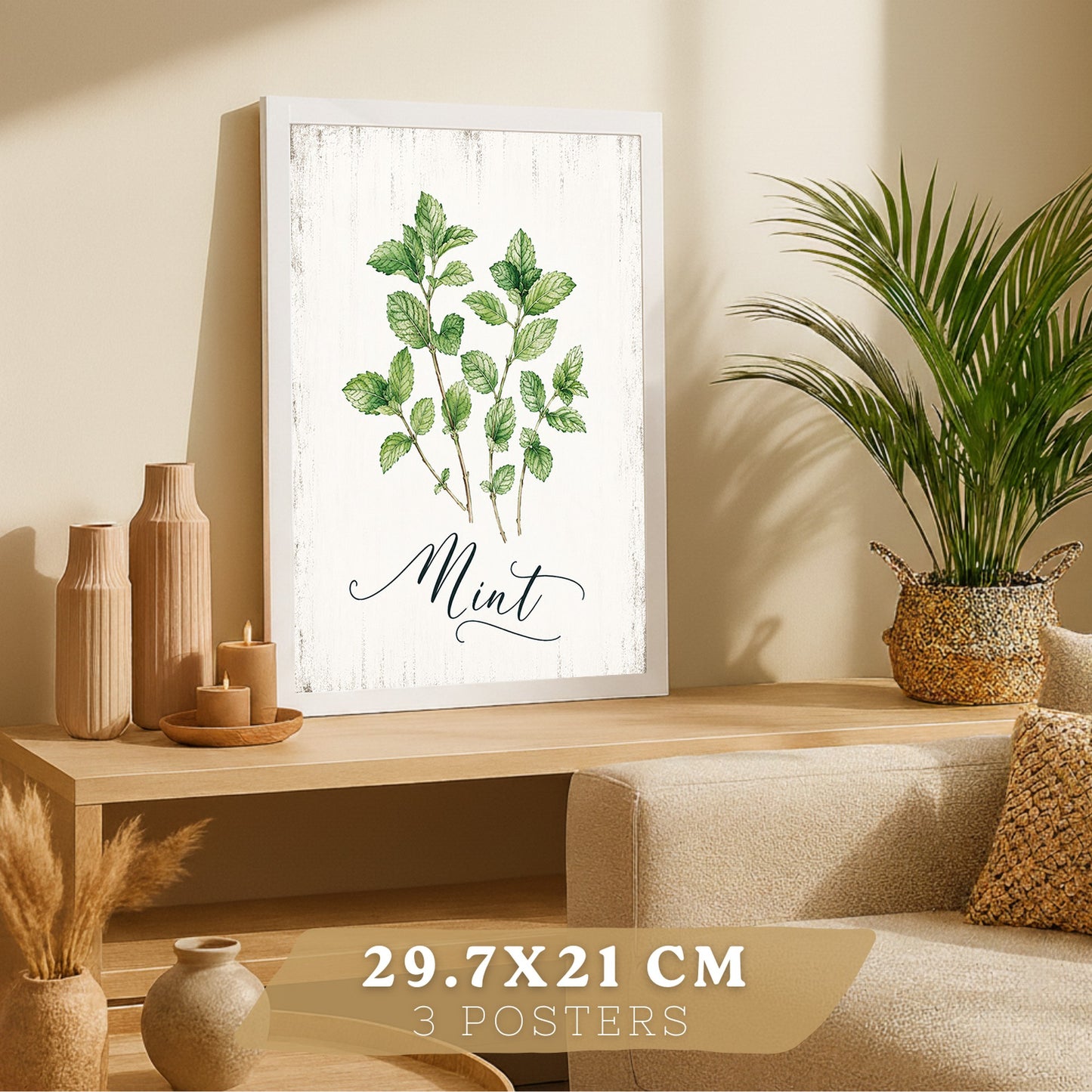 Posters Botánicos de Hierbas con Arte de Menta, Romero y Tomillo