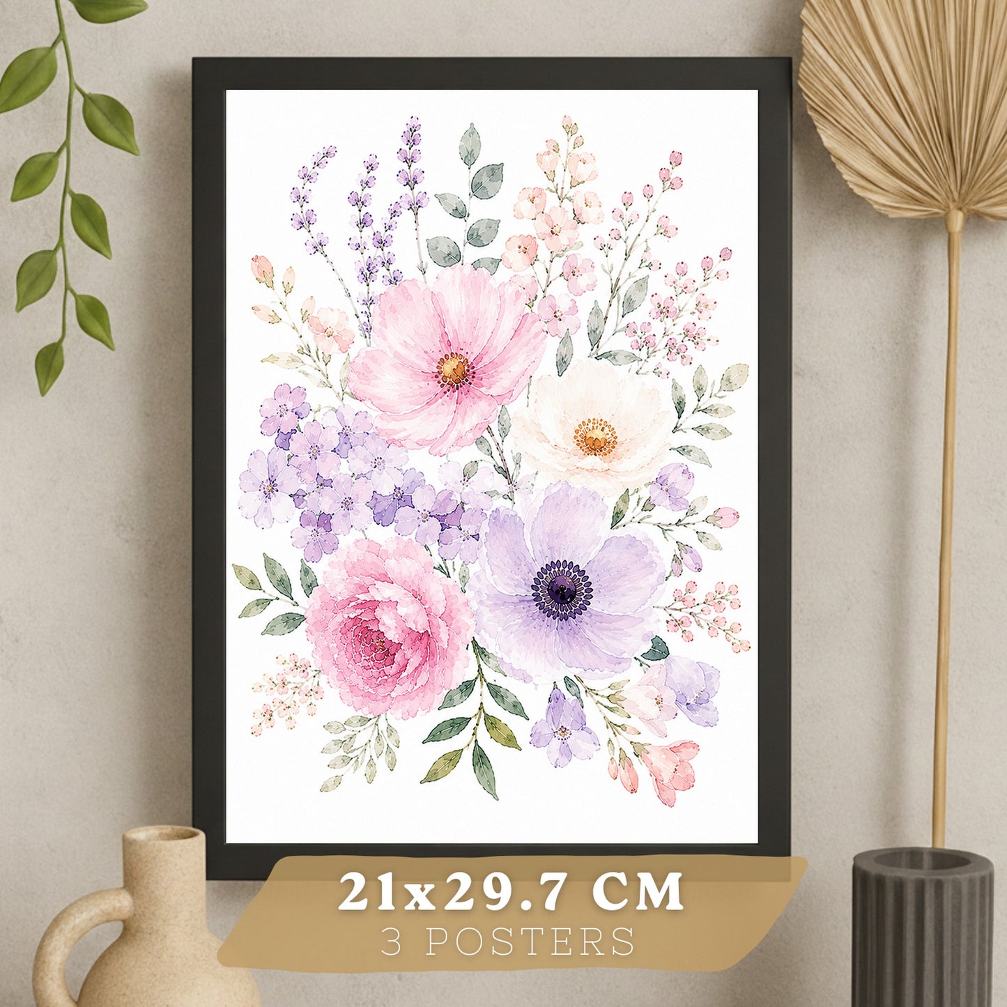Posters Florales Pastel con Arte de Ramos de Flores Acuarela