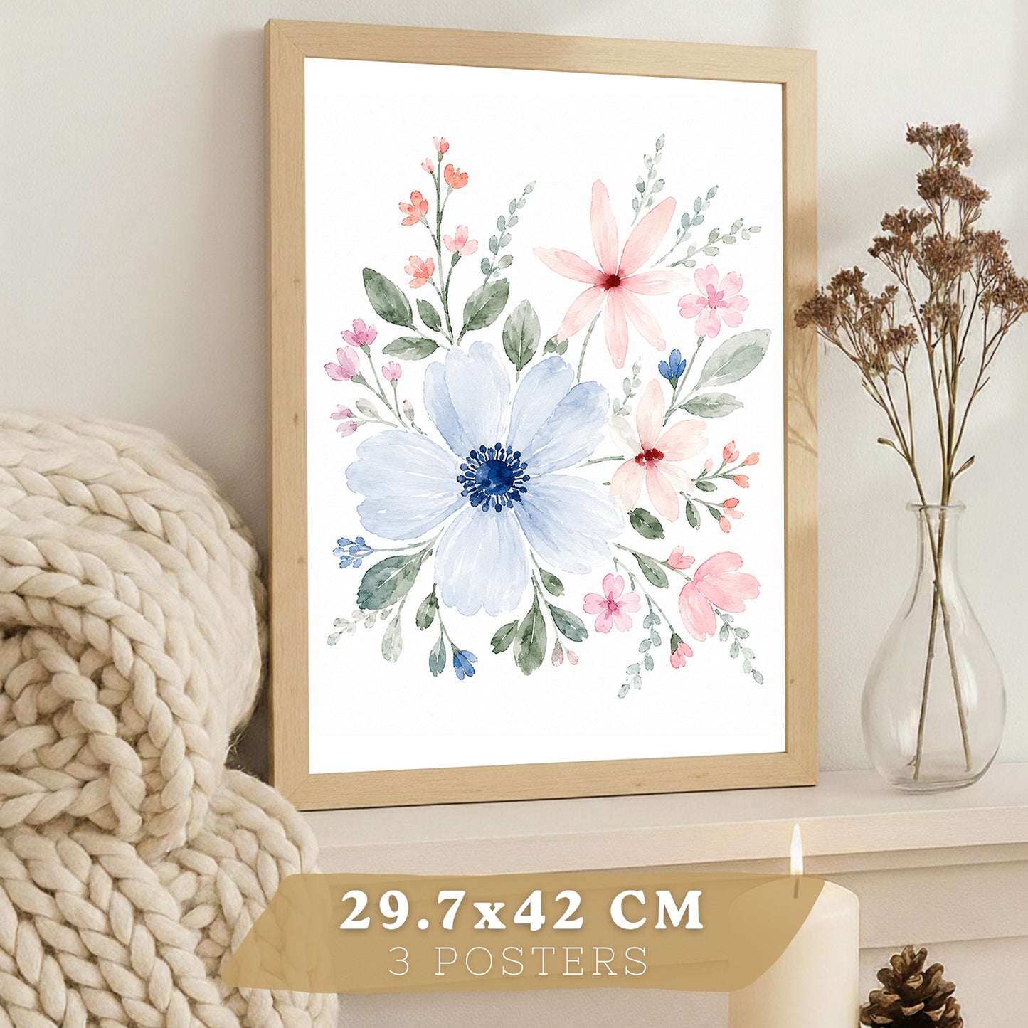 Posters Florales Pastel con Arte de Ramos de Flores Acuarela