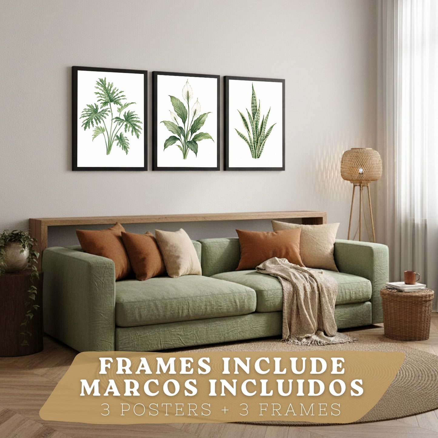 Posters Tropicales con Filodendro, Lirio de la Paz y Sansevieria