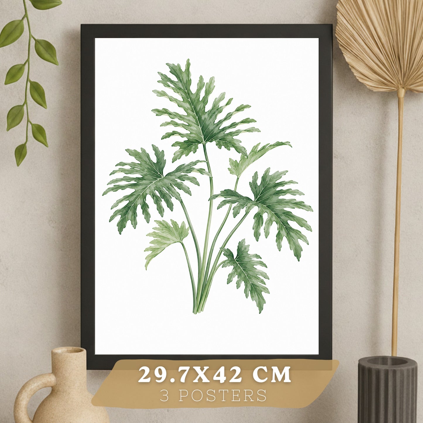 Posters Tropicales con Filodendro, Lirio de la Paz y Sansevieria