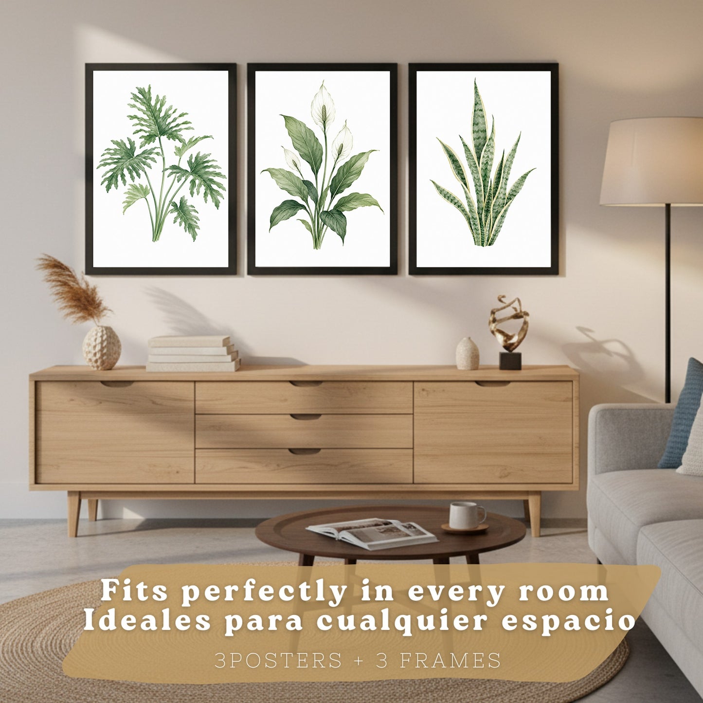 Posters Tropicales con Filodendro, Lirio de la Paz y Sansevieria
