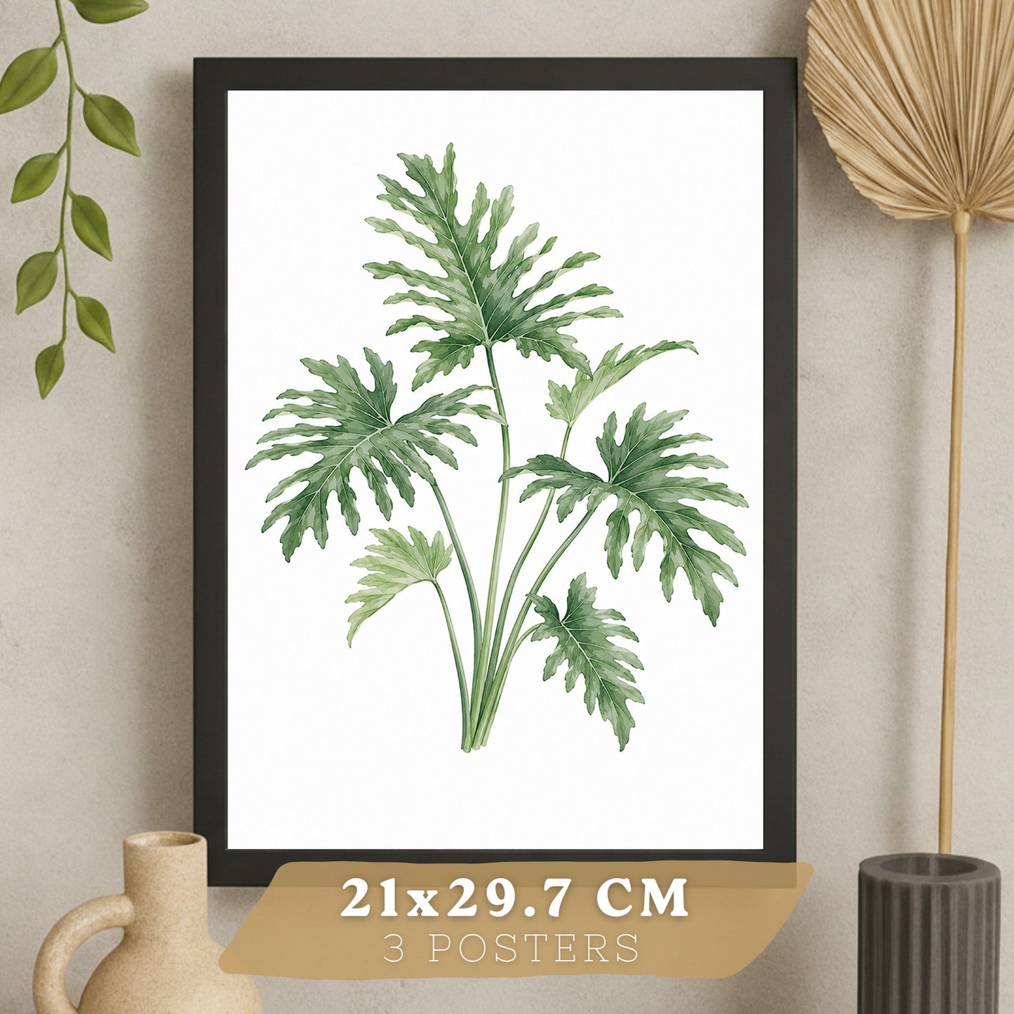 Posters Tropicales con Filodendro, Lirio de la Paz y Sansevieria
