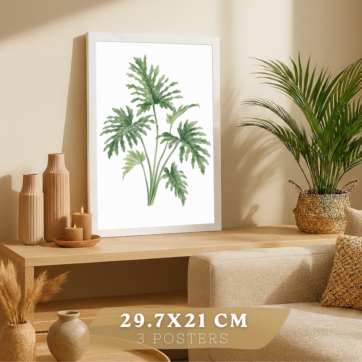 Posters Tropicales con Filodendro, Lirio de la Paz y Sansevieria