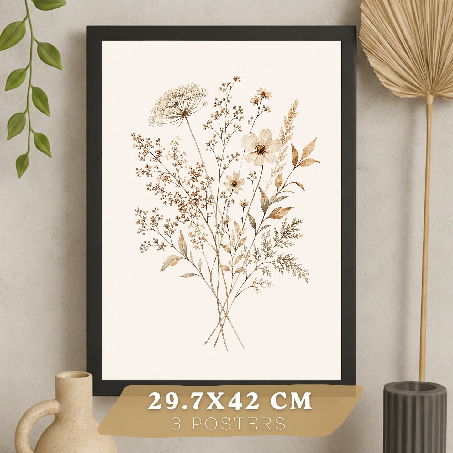 Posters de pared Flores Silvestres Neutras con Acuarela Botánica Beige