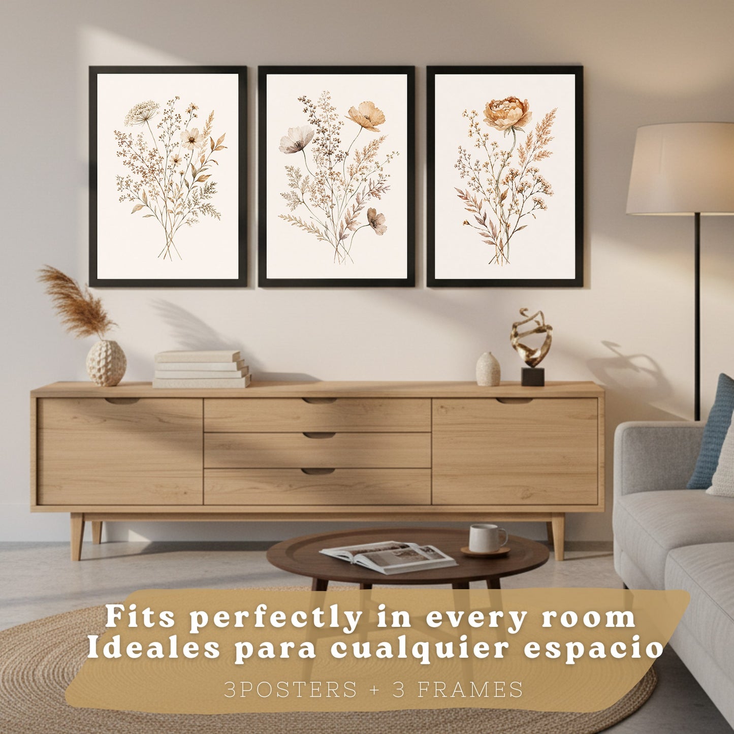 Posters de pared Flores Silvestres Neutras con Acuarela Botánica Beige