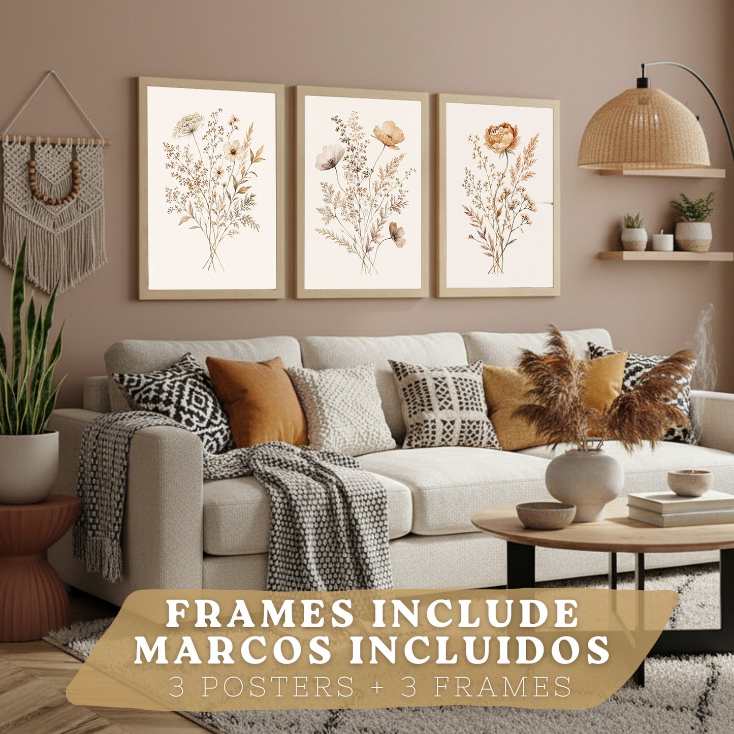 Posters de pared Flores Silvestres Neutras con Acuarela Botánica Beige