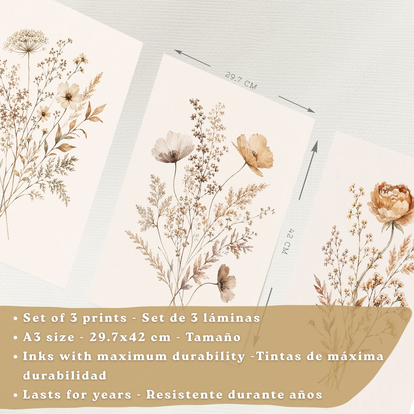 Posters de pared Flores Silvestres Neutras con Acuarela Botánica Beige