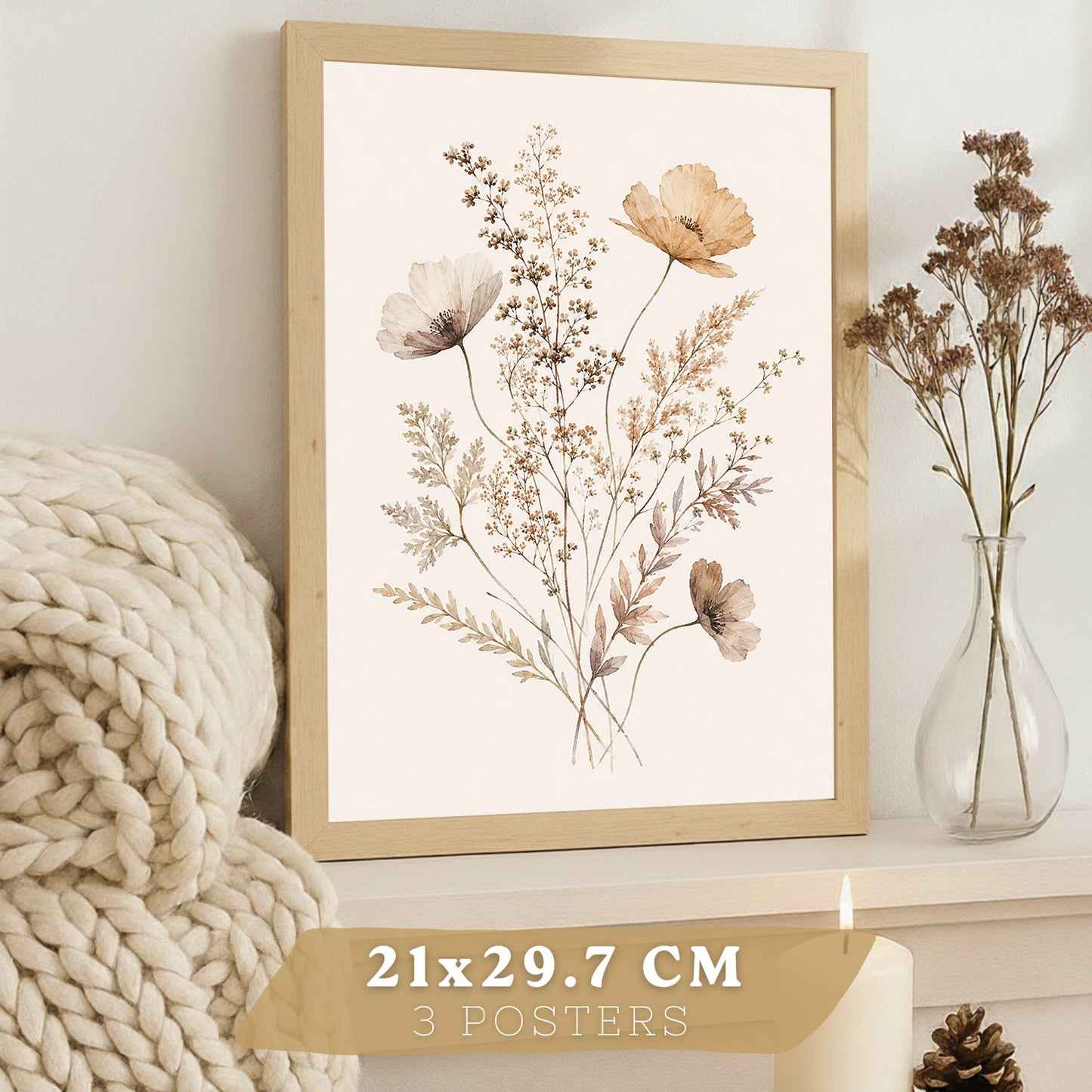 Posters de pared Flores Silvestres Neutras con Acuarela Botánica Beige